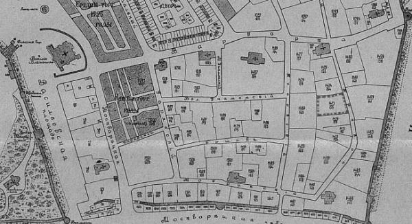 10 Krivoy Lane, Moscow. Location of the City arrest house 1472/152 marked with contours. Source: “Vsya Moskva”, 1904.