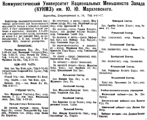 Информация о КУНМЗ в справочнике «Вся Москва» (М., 1927)